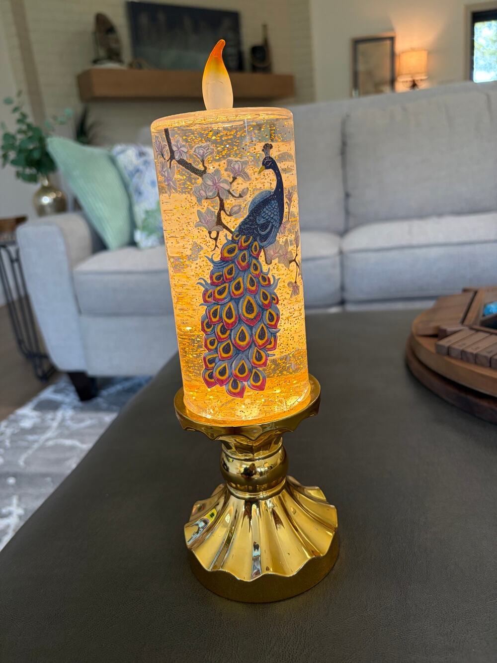 Cracker Barrel Peacock Candle Shaped Glitter Globe Light Up Pedestal Lamp 12"